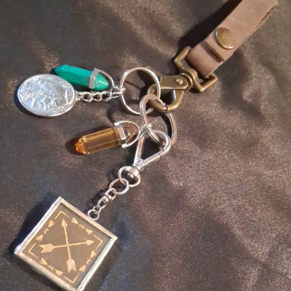 Brown Leather Keychain with Charms